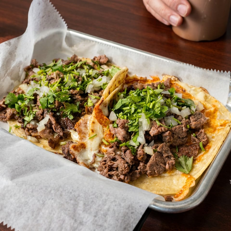 Two carne asada tacos topped with chopped cilantro and onions on a parchment-lined metal tray.