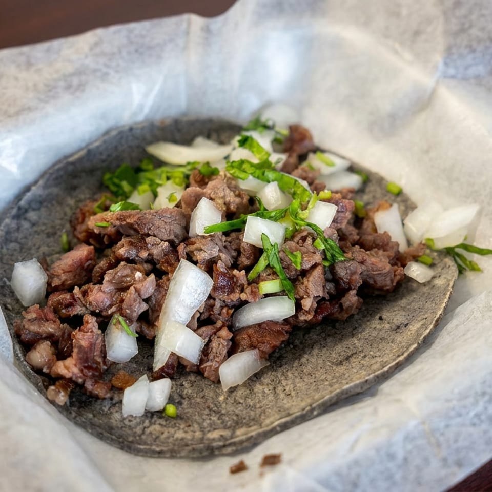 Grilled beef topped with diced onions and chopped cilantro on a rustic stone plate lined with parchment paper.