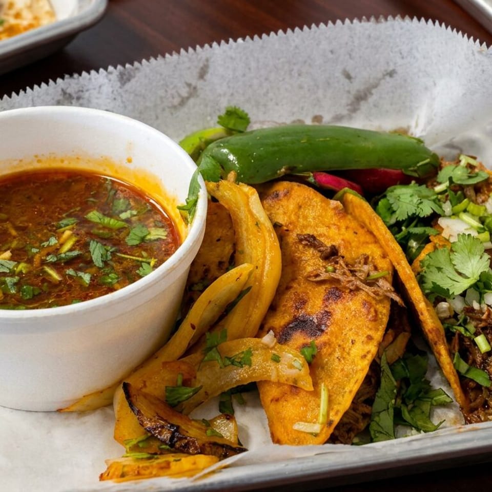 Three crispy birria tacos with cilantro and onions, grilled peppers, and consommé dipping broth on a metal tray.
