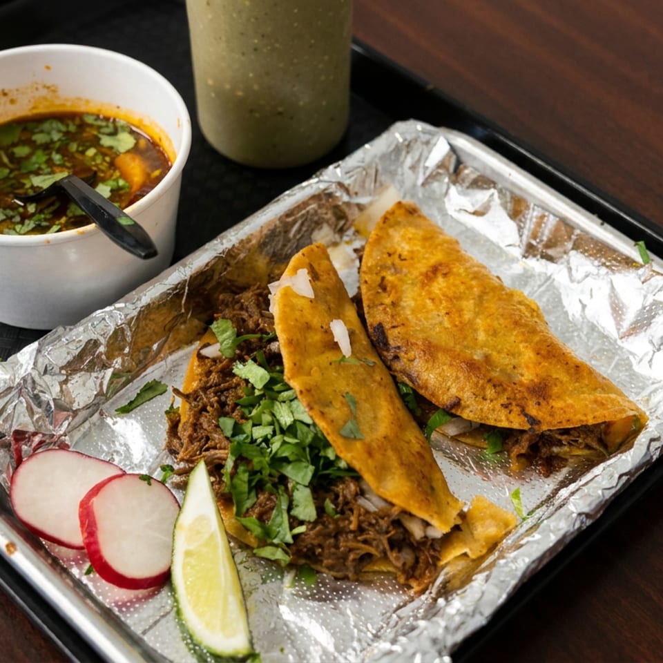 Three golden birria tacos with shredded meat, cilantro, radish, and lime served with consommé and green drink on a tray.