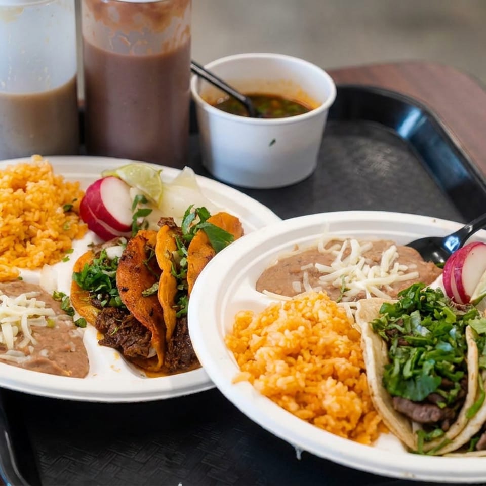 Two plates of Mexican food featuring tacos, orange rice, refried beans, garnishes, and salsa with condiments on a restaurant tray.