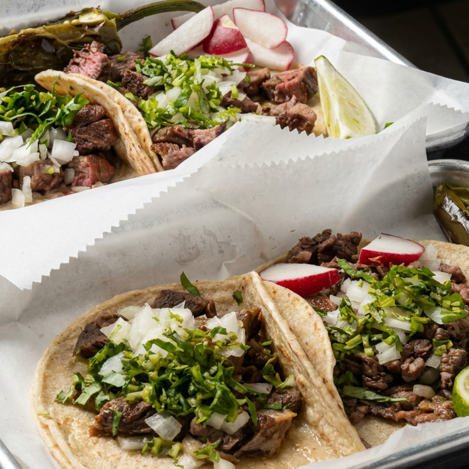 Two trays of grilled meat tacos topped with onions and cilantro, served with radishes, grilled peppers, and lime wedges.
