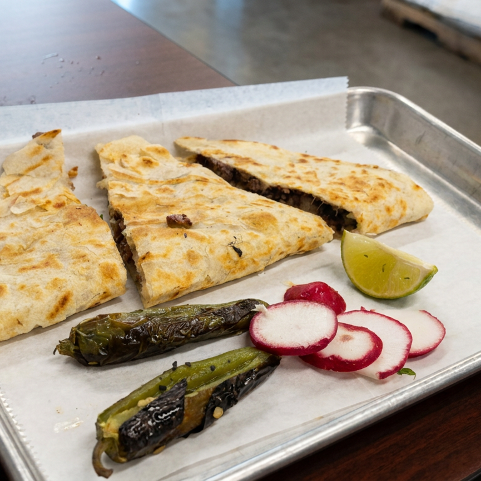 Three grilled quesadilla wedges with charred peppers, radish slices, and a lime wedge on a paper-lined metal tray.