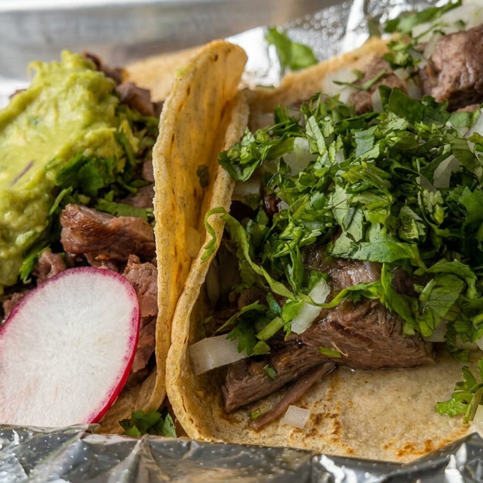 Two carne asada tacos with cilantro, onions, guacamole, and radish served on foil.