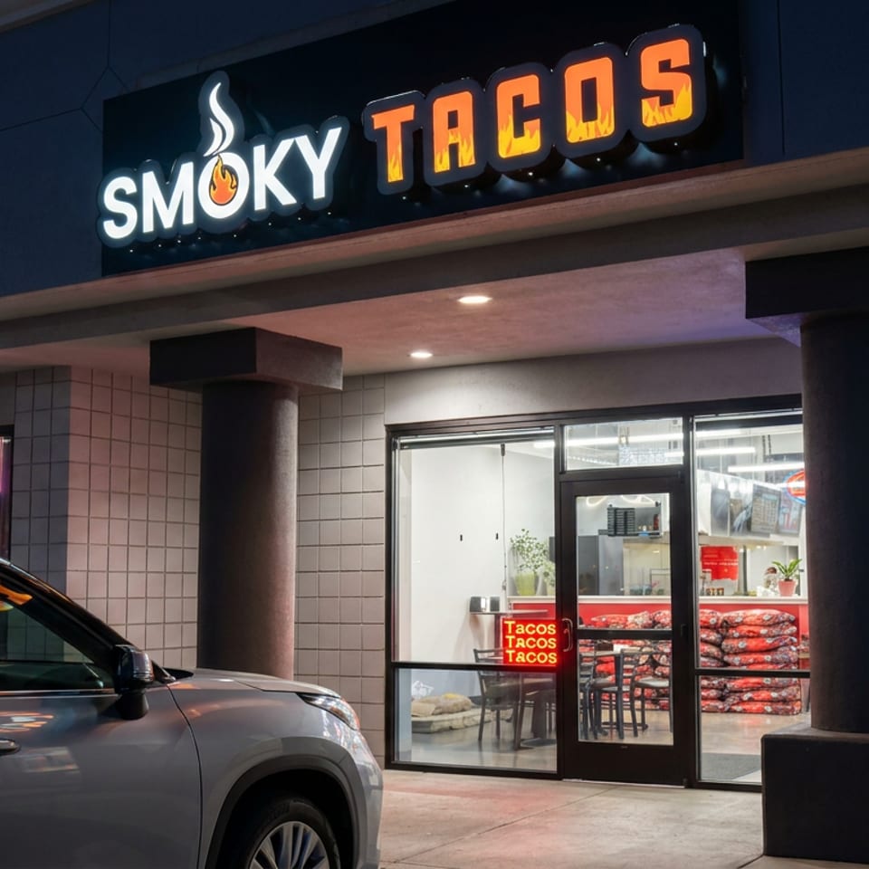 Smoky Tacos restaurant storefront illuminated at night, with neon signage, glass entrance, indoor seating, and a parked car outside.
