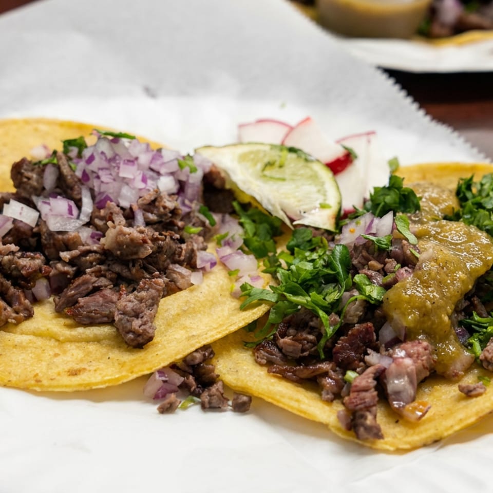 Two corn tortillas topped with grilled beef, chopped onion, cilantro, lime, and green salsa on a paper-lined plate.