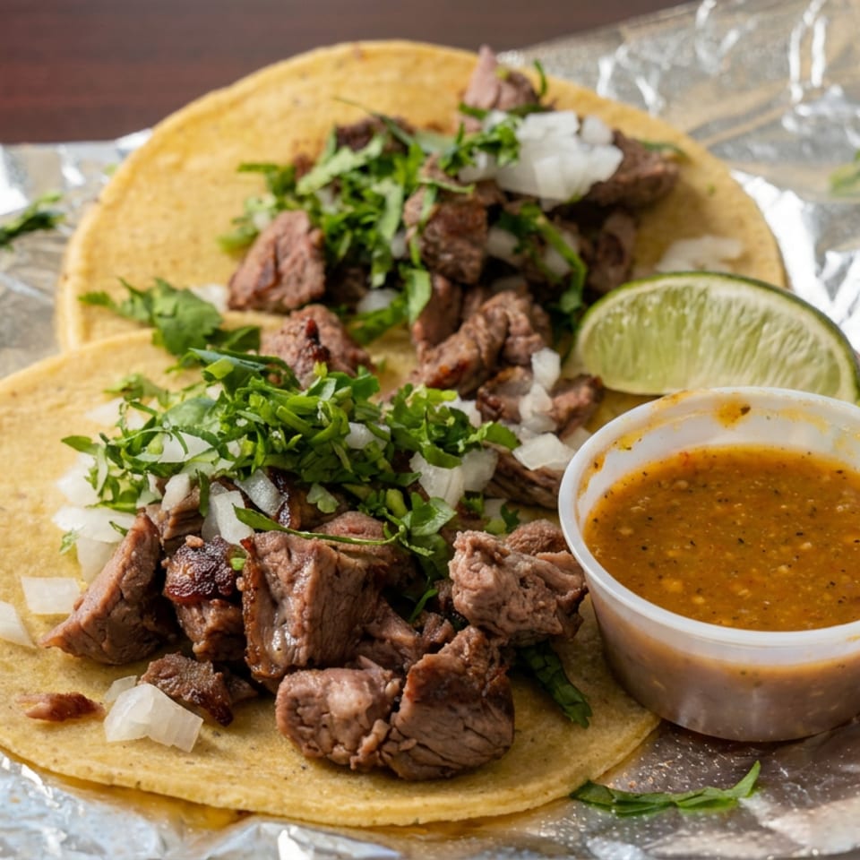 Two steak tacos topped with cilantro and onions, served with lime wedges and a cup of salsa on foil.