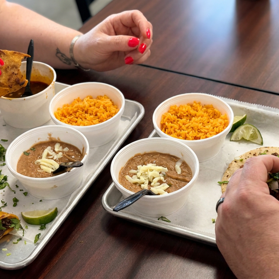 Diners enjoy tacos with rice, beans, lime wedges, and salsa served on metal trays at a restaurant table.